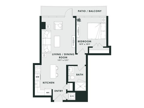 Floor plan for 1 bed, 1 bath, 625 sqft